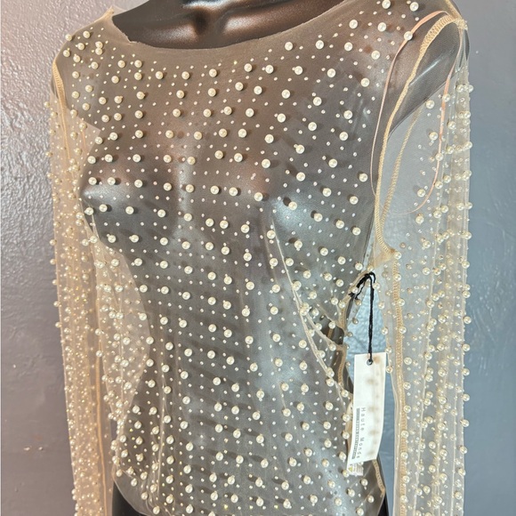 Haute Monde Mesh Rhinestone Faux Pearl Top - Nude - Picture 5 of 12